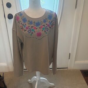 NATURAL LIFE Floral Embroidered Long Sleeve Top - Tan